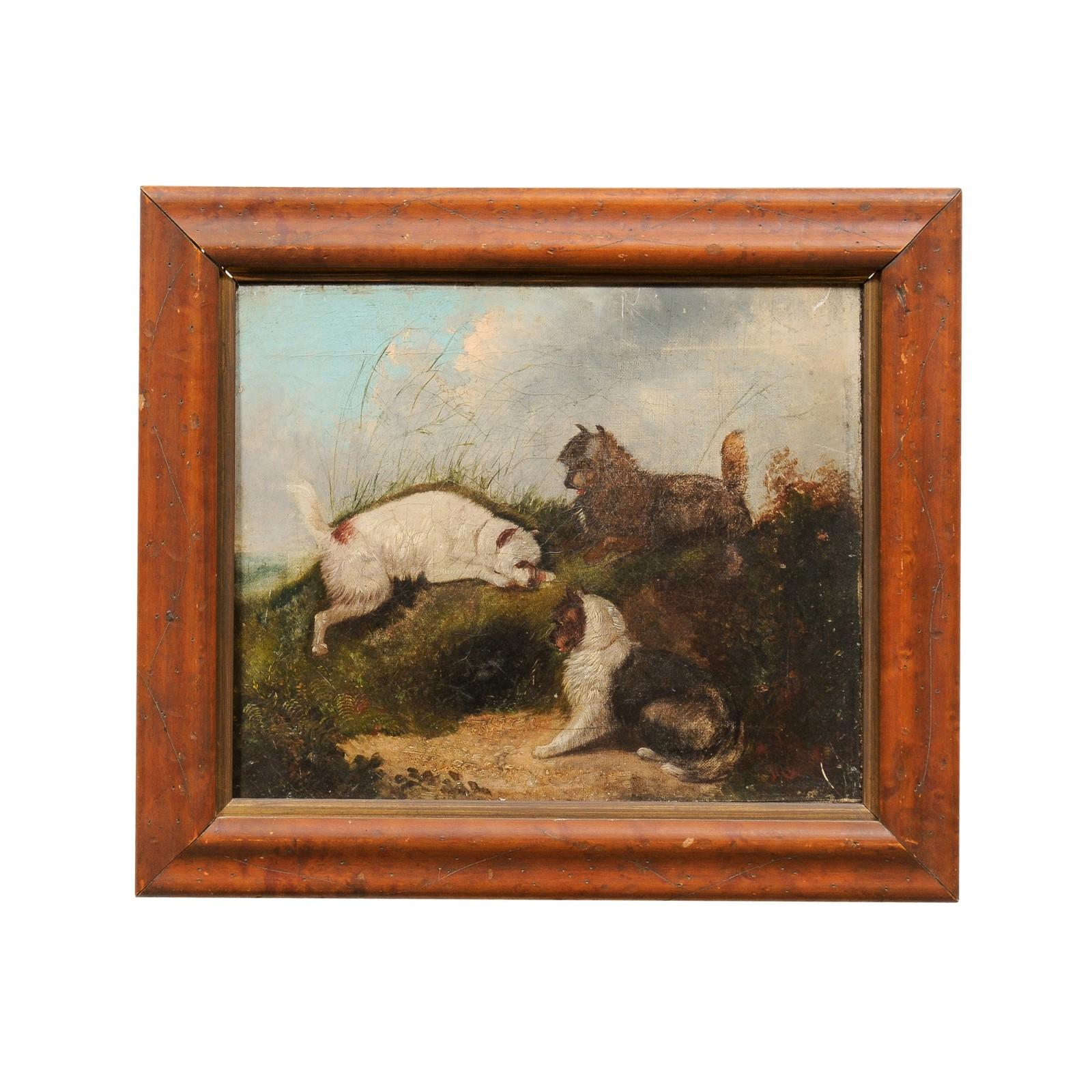 Anglais English School 3 Terriers à la chasse Huile sur toile dans un cadre en Wood Wood, 19e siècle en vente