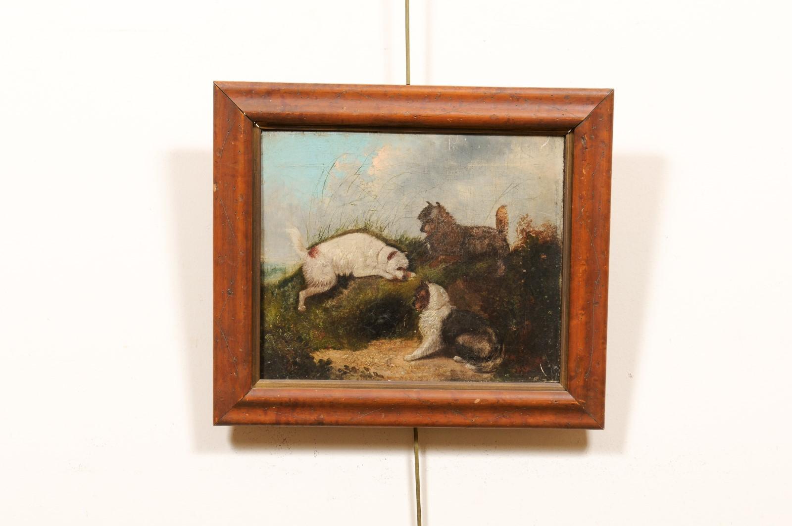 English School 3 Terriers Hunting Oil On Canvas in Wood Frame, 19th Century For Sale 1