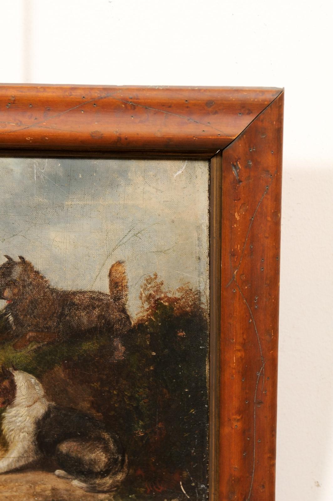 English School 3 Terriers Hunting Oil On Canvas in Wood Frame, 19th Century For Sale 4