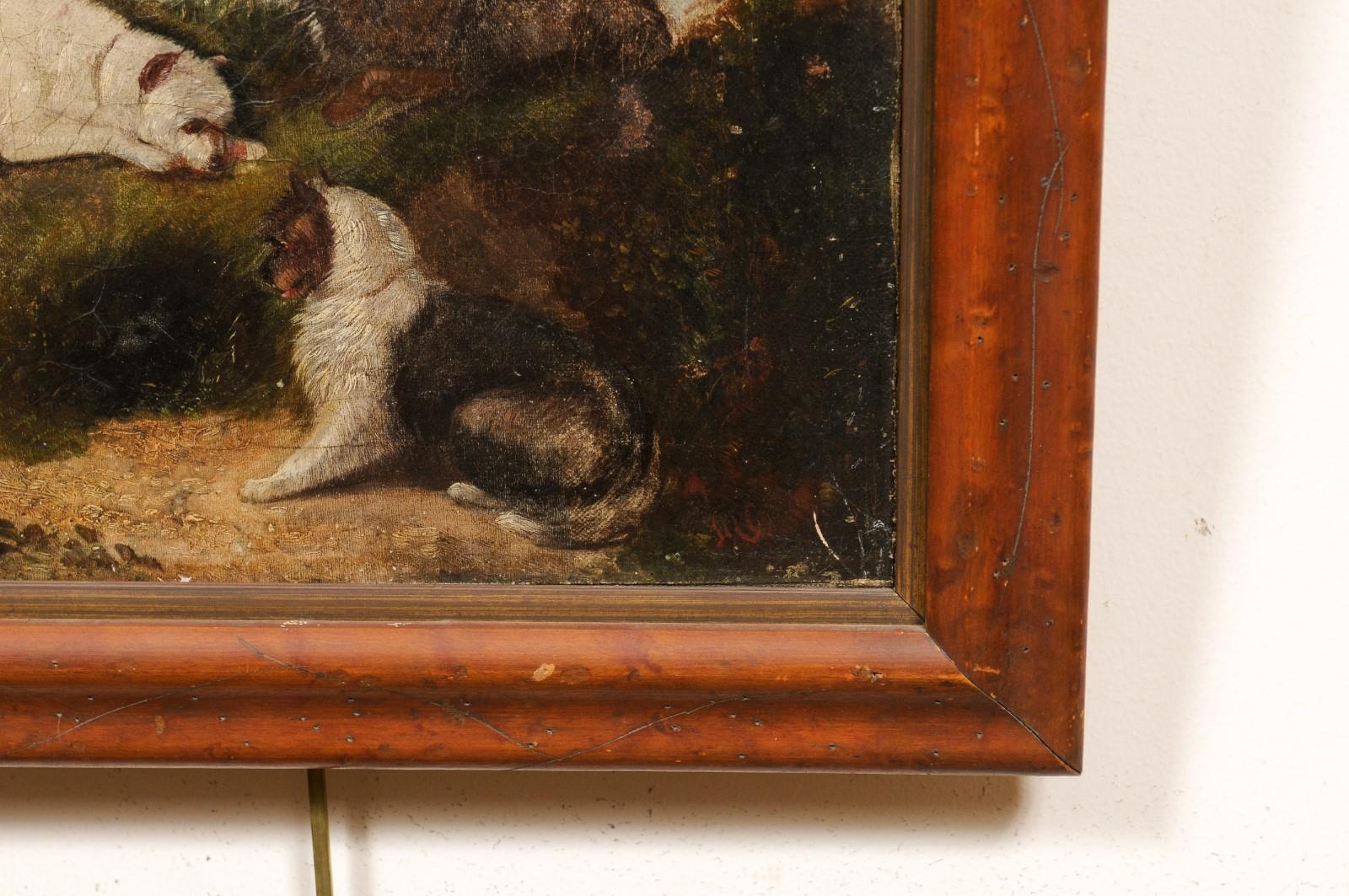 English School 3 Terriers Hunting Oil On Canvas in Wood Frame, 19th Century For Sale 5