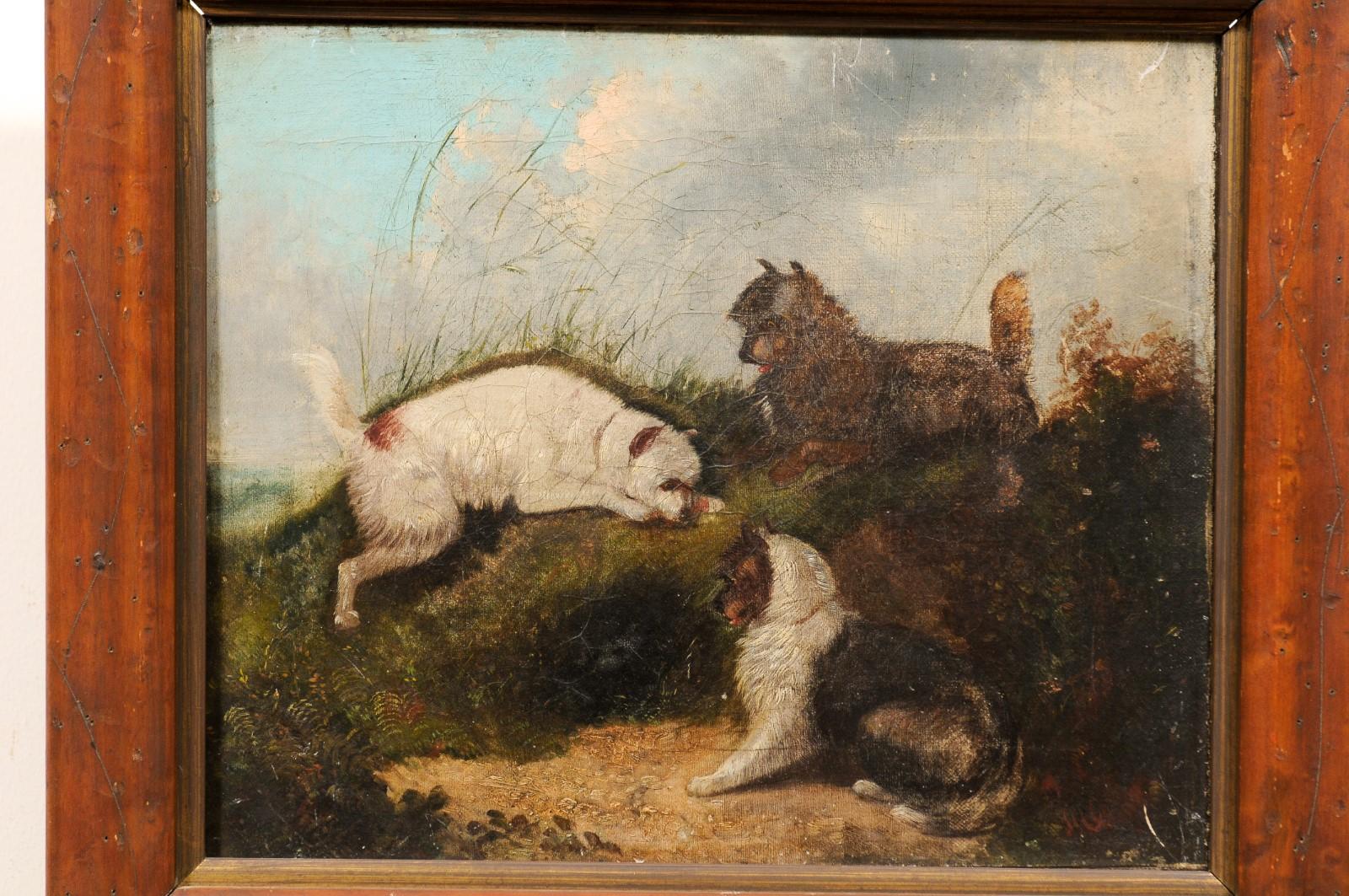 English School 3 Terriers Hunting Oil On Canvas in Wood Frame, 19th Century For Sale 6