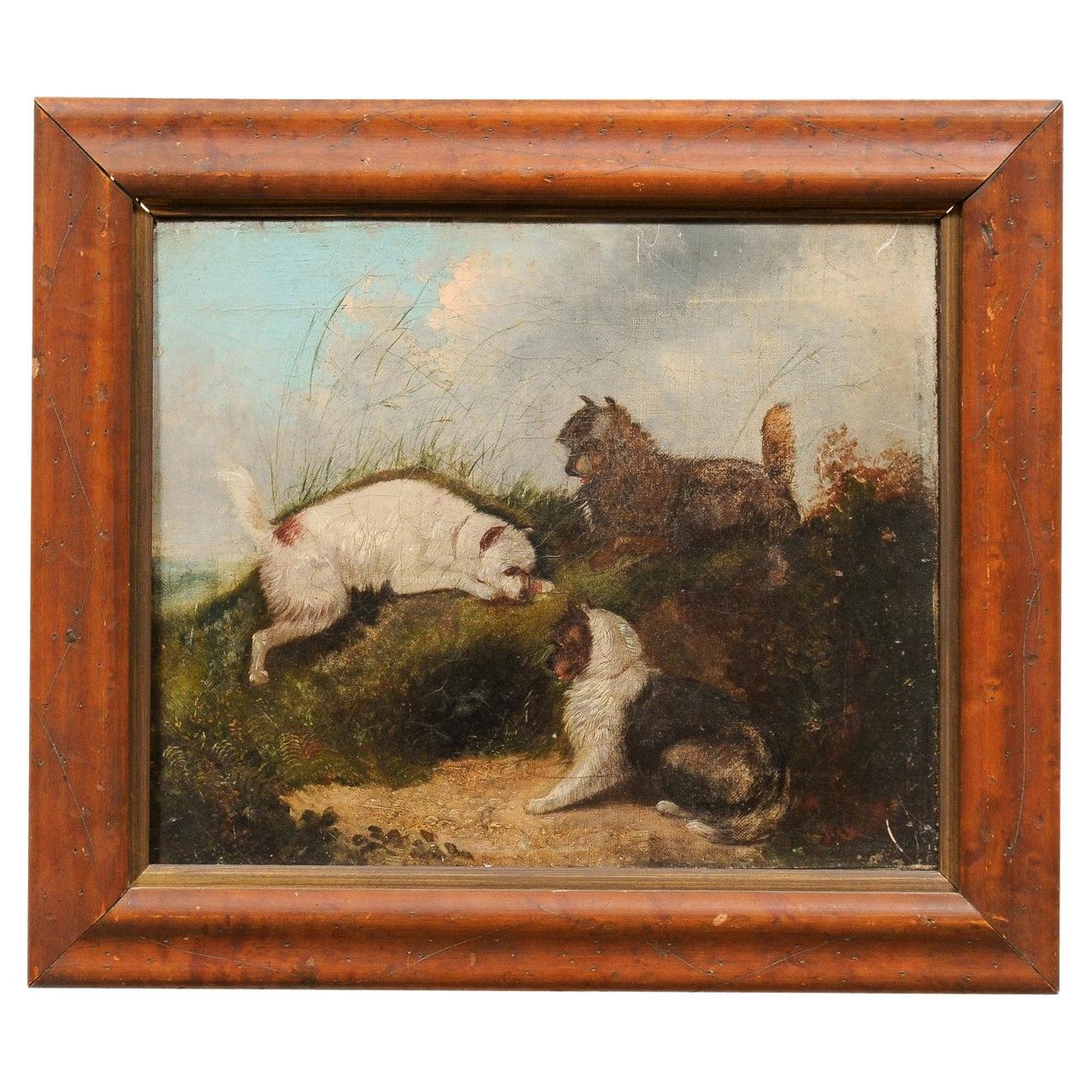 English School 3 Terriers à la chasse Huile sur toile dans un cadre en Wood Wood, 19e siècle en vente