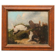 English School 3 Terriers Hunting Oil On Canvas in Wood Frame, 19th Century