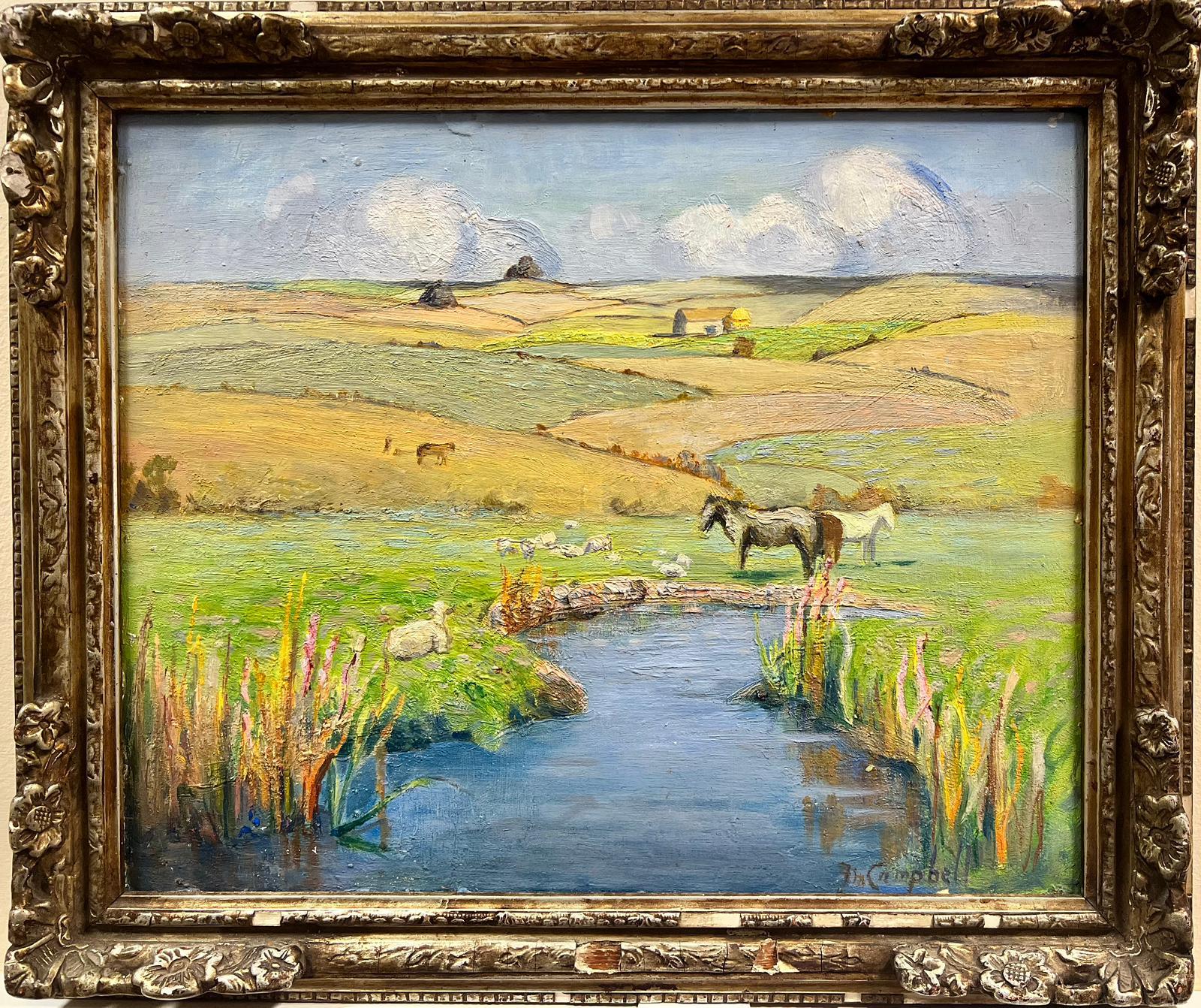 Autumn in the Cotswolds Horses Grazing River Meadows Signed English Oil - Painting by English School 