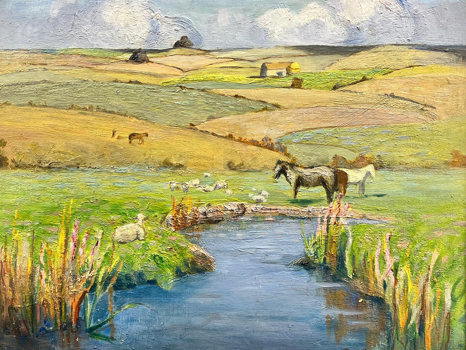 Autumn in the Cotswolds Horses Grazing River Meadows Signed English Oil - Impressionist Painting by English School 