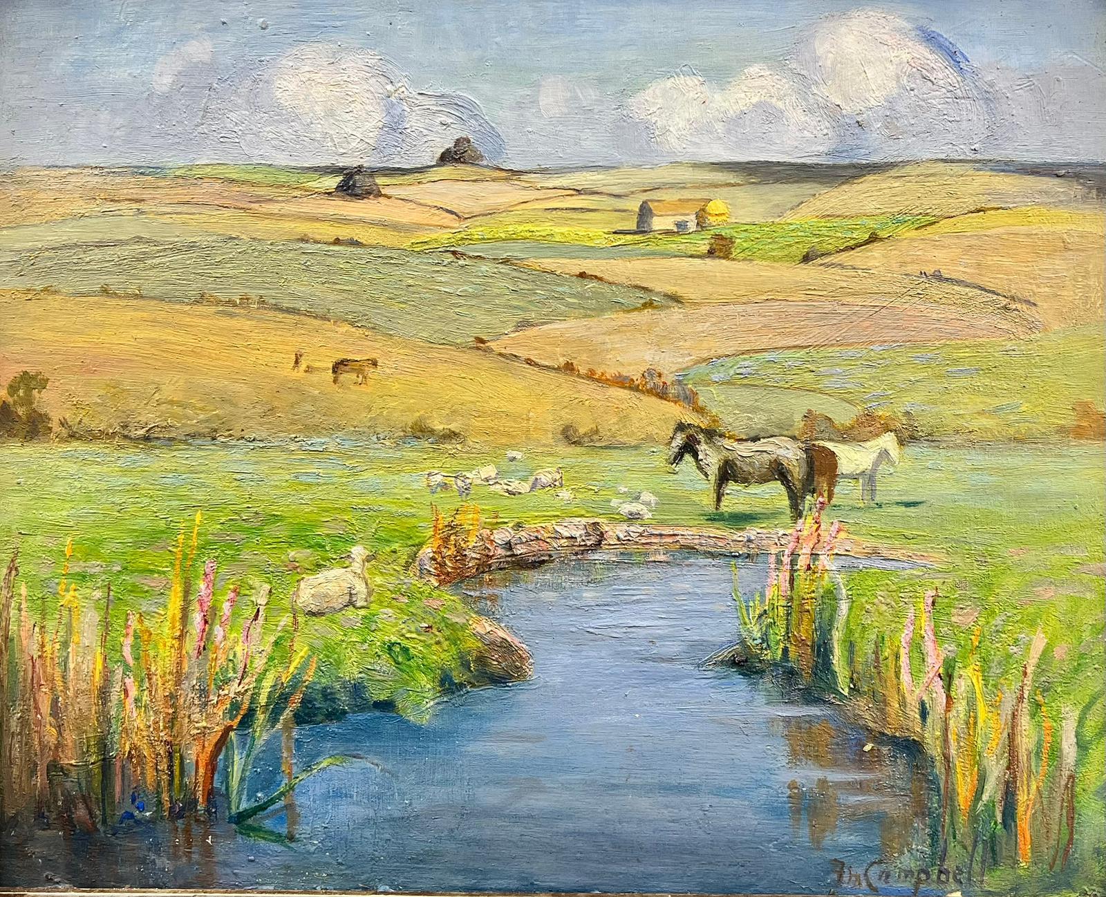 English School  Landscape Painting - Autumn in the Cotswolds Horses Grazing River Meadows Signed English Oil