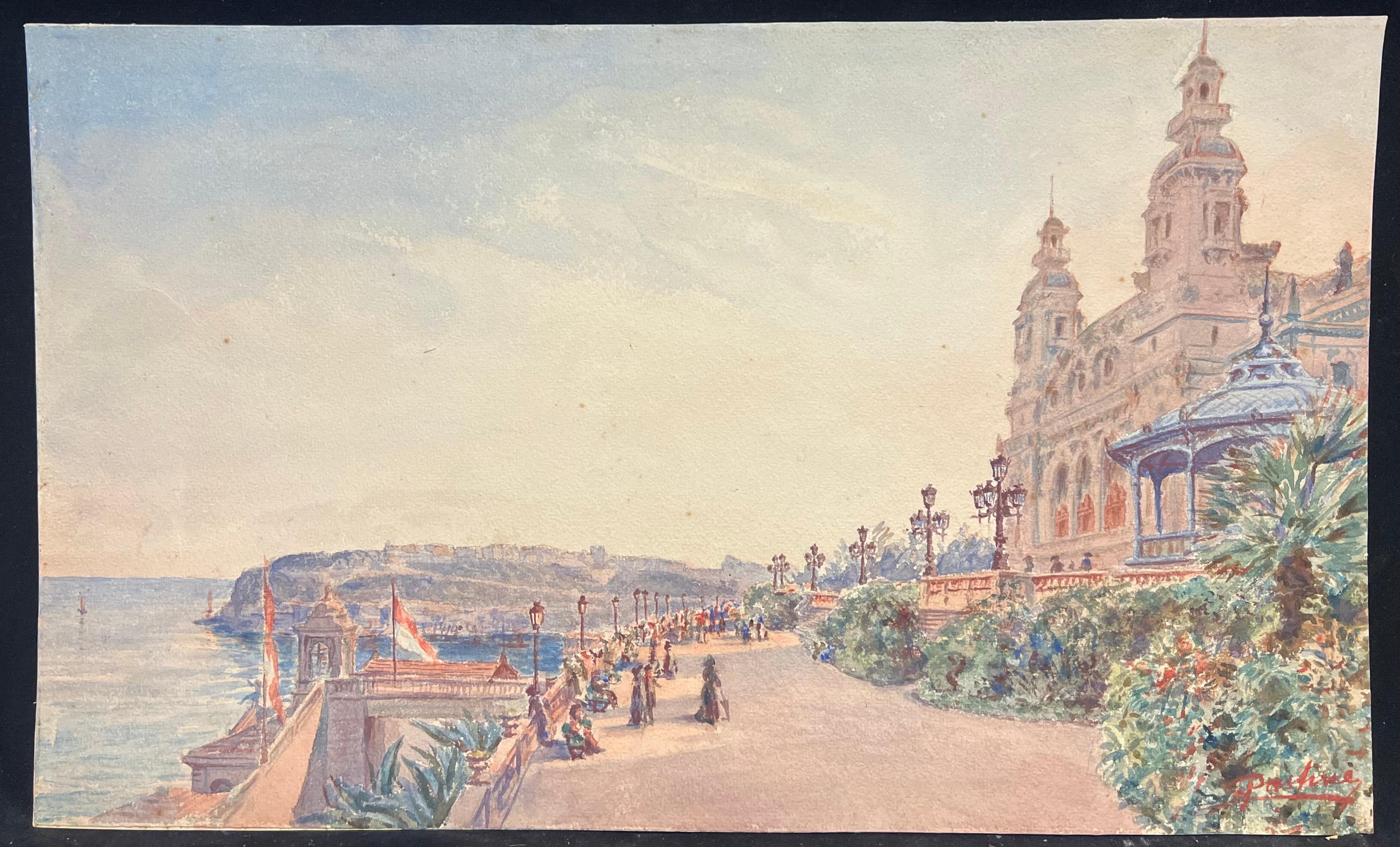 Pintura de la Belle Epoque Figuras paseando por un paseo soleado en Montecarlo - Painting de English School 