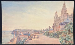 Gemälde aus der Belle Epoque, Figuren beim Spazierengehen auf sonnenbeschienener Promenade in Monte Carlo