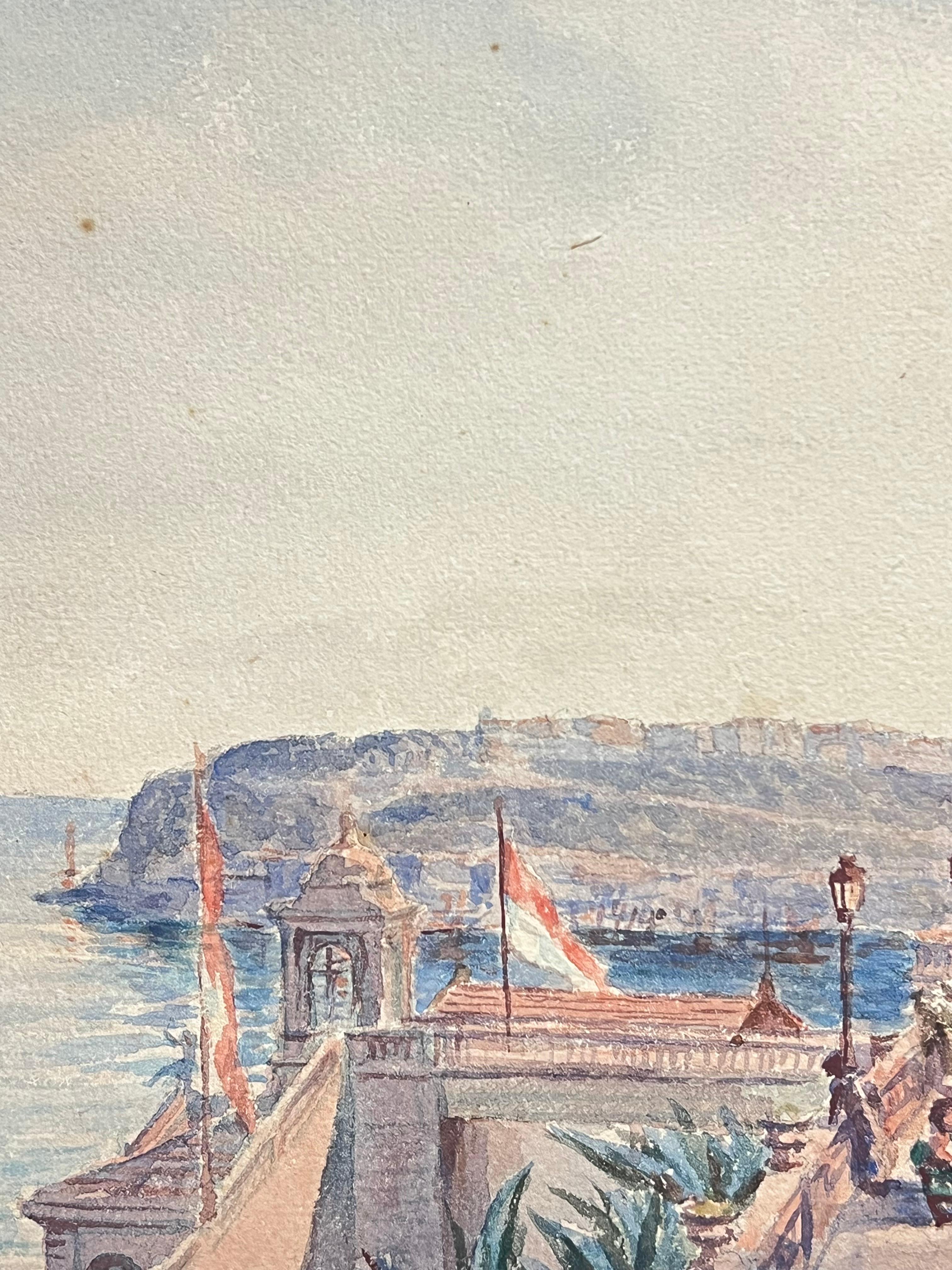 Ópera y paseo marítimo de Monte-Carlo
Escuela francesa, finales del siglo XIX
acuarela firmada sobre papel de artista, sin enmarcar
cuadro: 11 x 18,5 pulgadas
procedencia: colección privada, Costa Azul
estado: el papel está manchado por el paso del