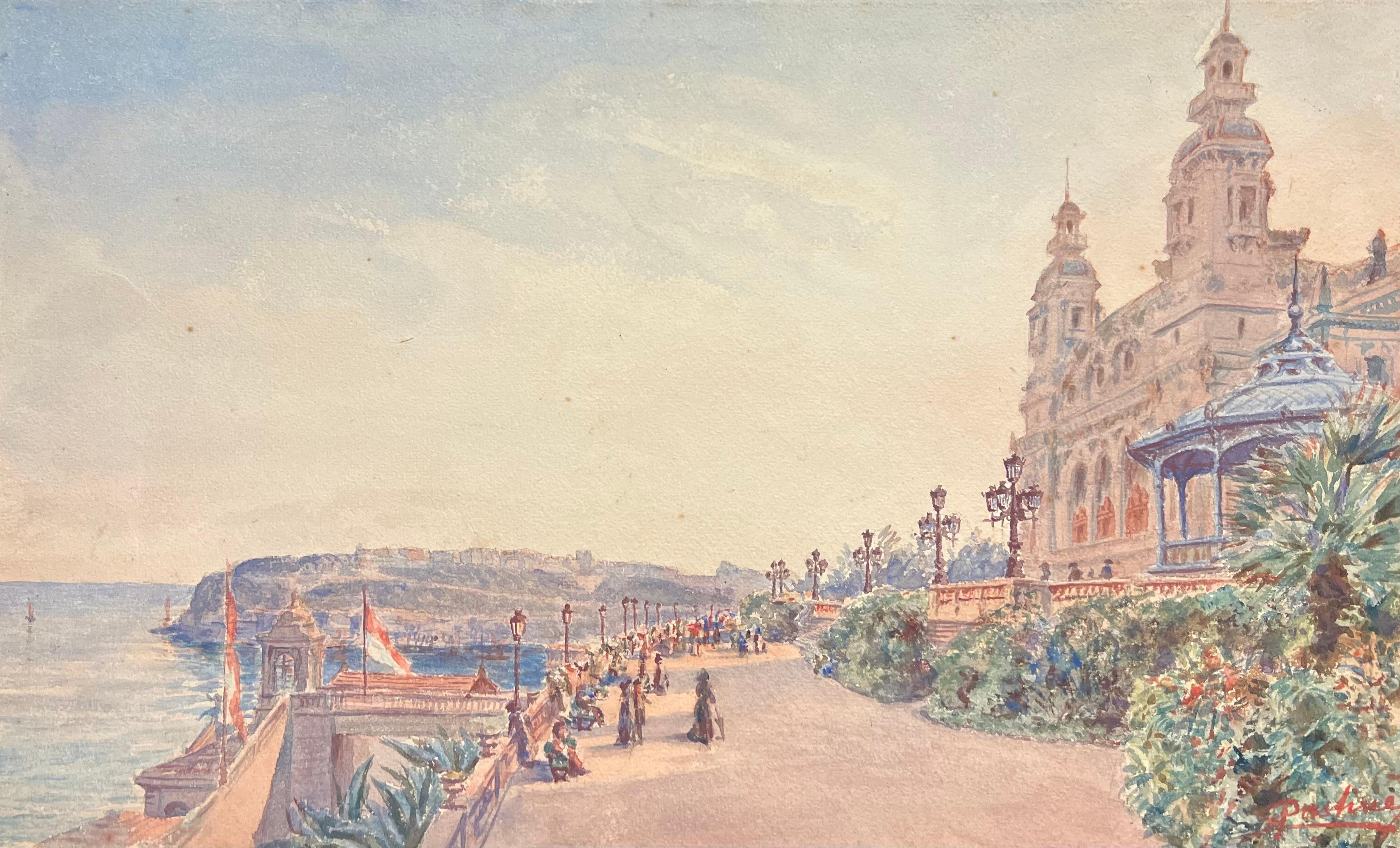 Figurative Painting de English School  - Pintura de la Belle Epoque Figuras paseando por un paseo soleado en Montecarlo