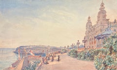 Gemälde aus der Belle Epoque, Figuren beim Spazierengehen auf sonnenbeschienener Promenade in Monte Carlo
