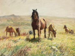Dartmoor Ponies on Moor Landscape Fine English 1950's Impressionist Oil Painting