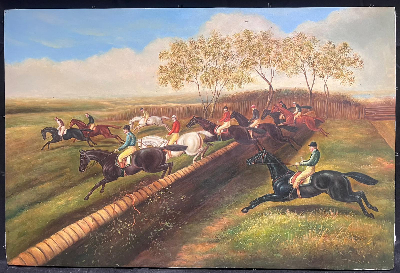 Large Traditional English Sporting Art Oil Painting Horse Racing Countryside - Brown Animal Painting by English School 