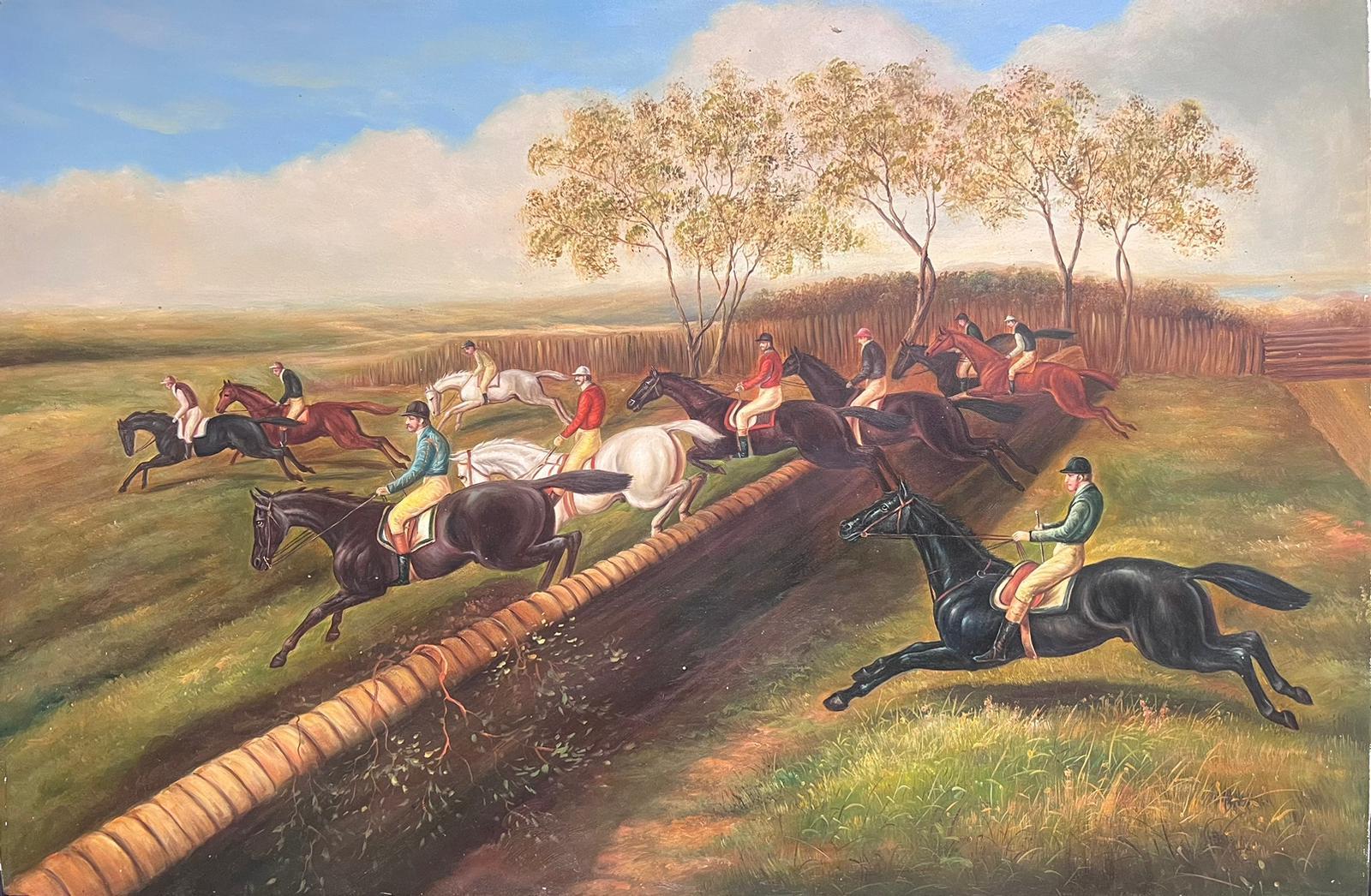 Grande peinture à l'huile traditionnelle anglaise de course de chevaux