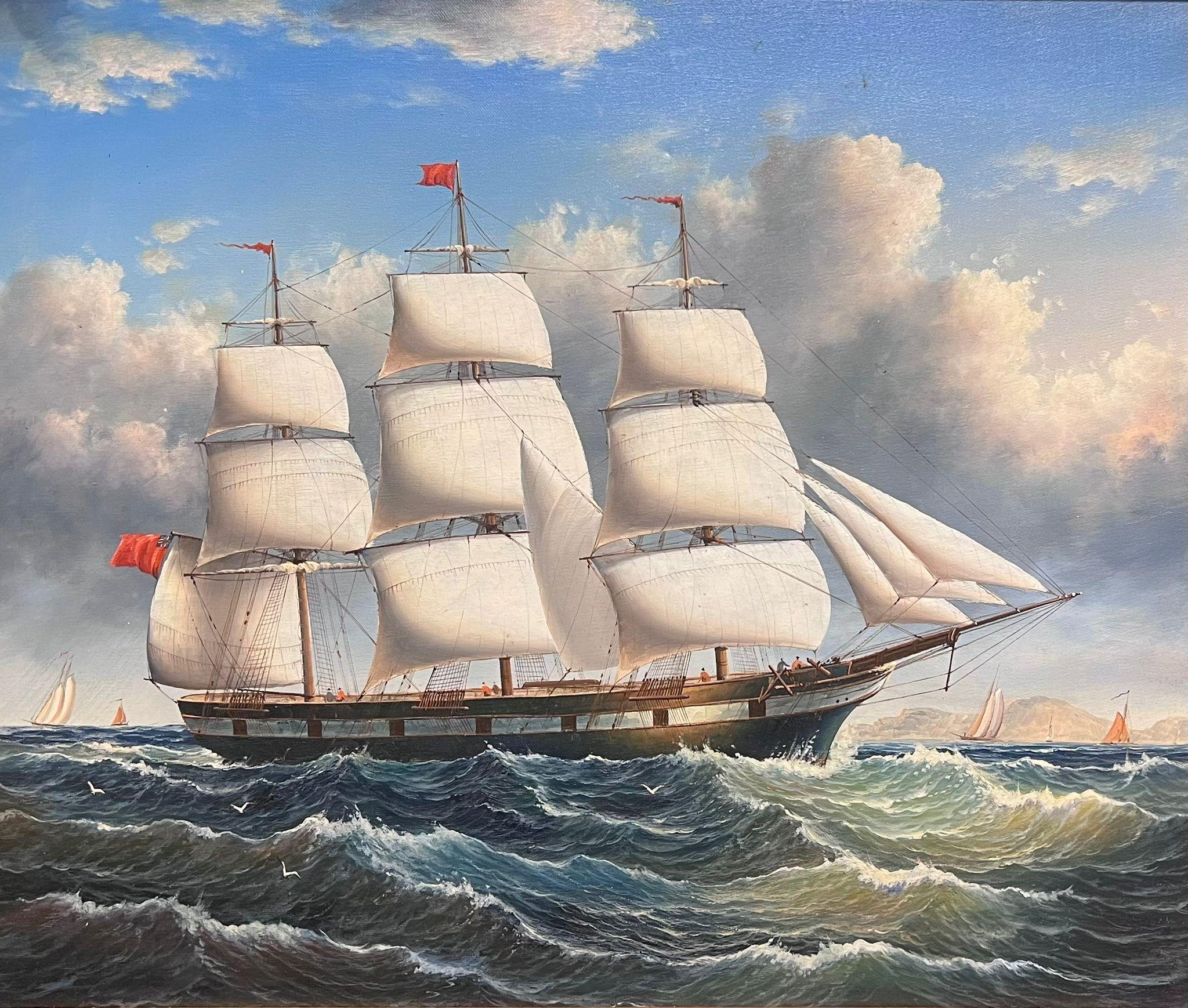 Grande dipinto a olio di Marin, grande nave a vela classica, con cornice dorata - Painting di English School 
