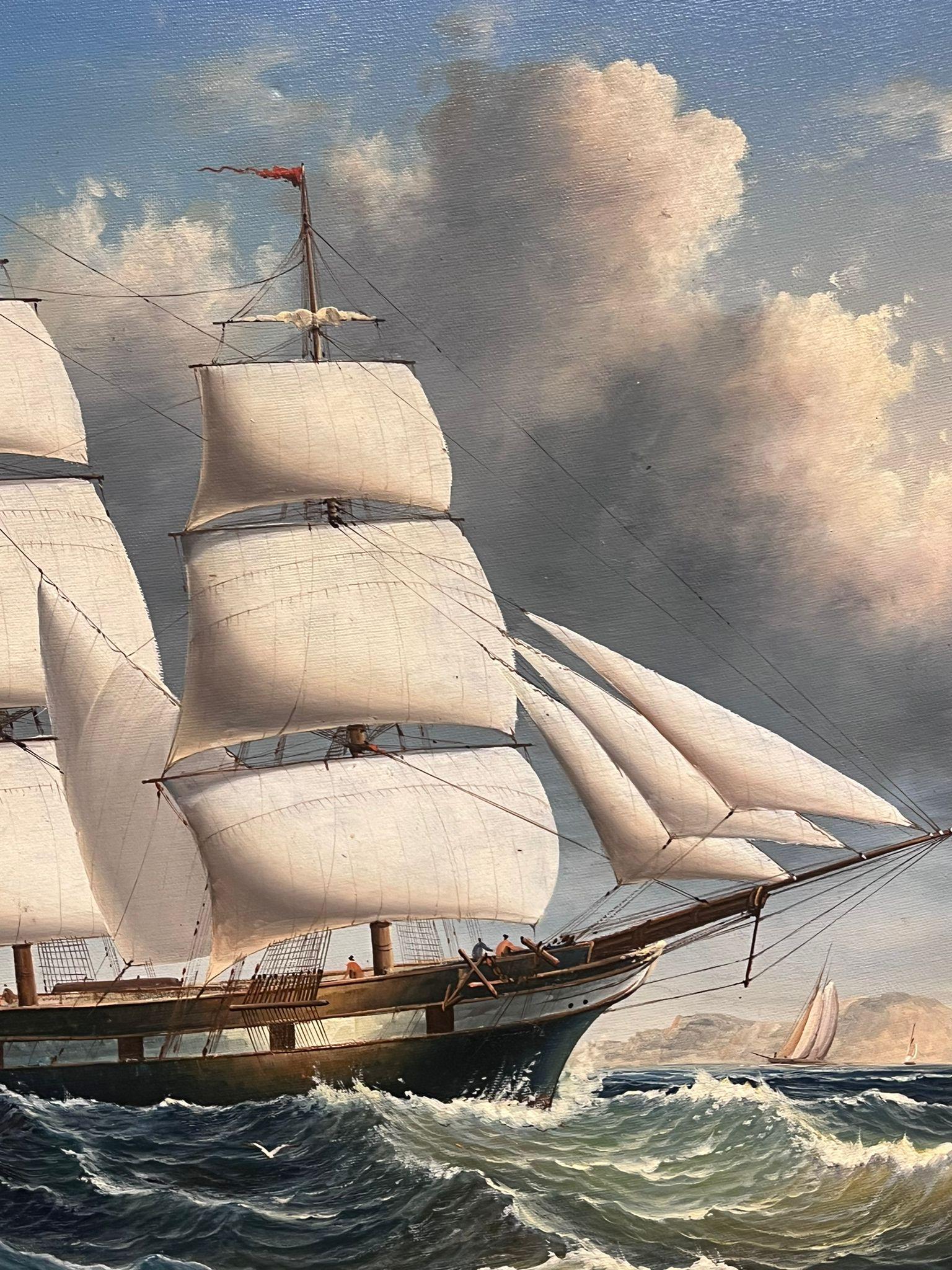 Grande dipinto a olio di Marin, grande nave a vela classica, con cornice dorata - Painting Scuola inglese di English School 
