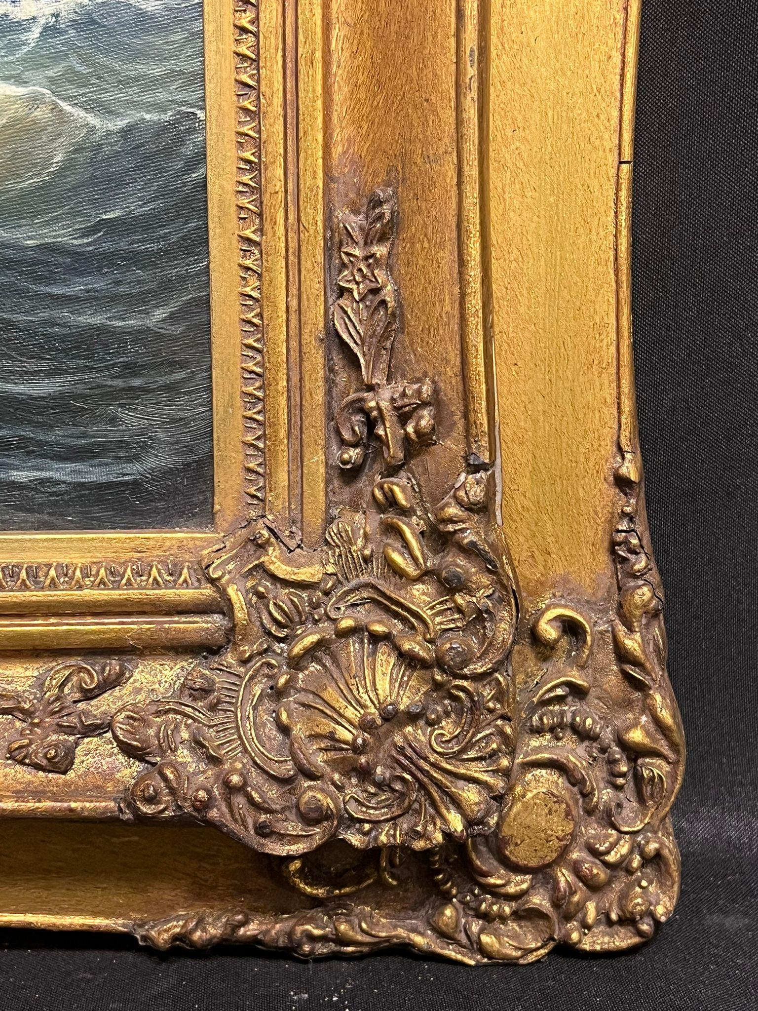 Grande dipinto a olio di Marin, grande nave a vela classica, con cornice dorata 1