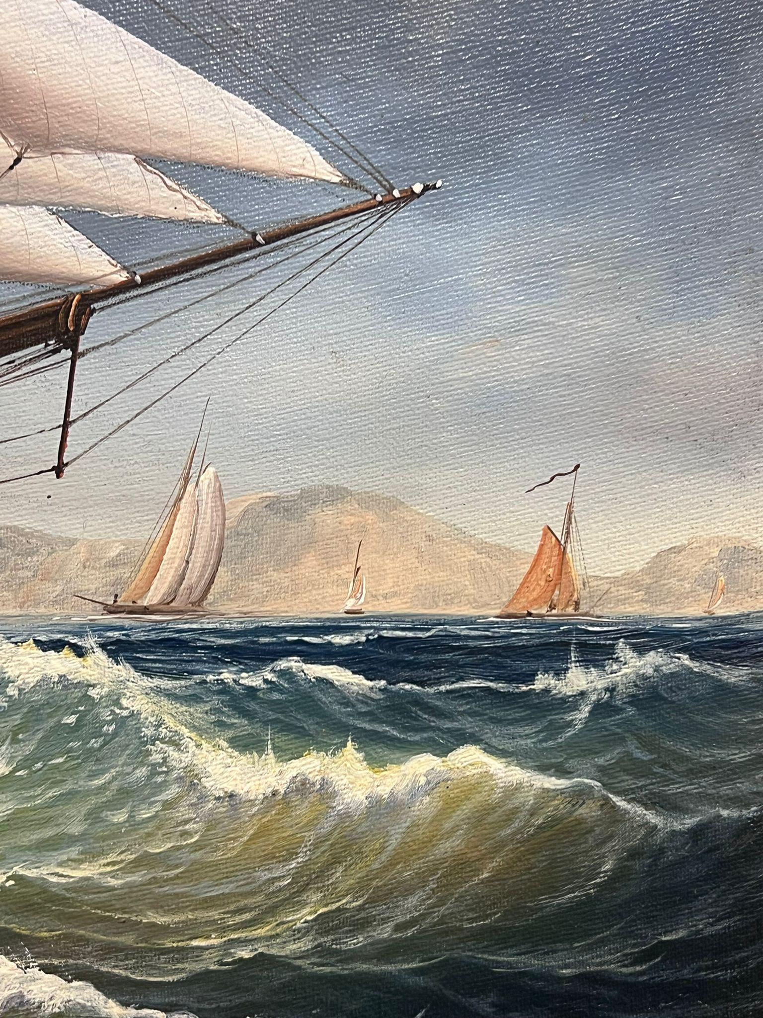 Grande dipinto a olio di Marin, grande nave a vela classica, con cornice dorata 2