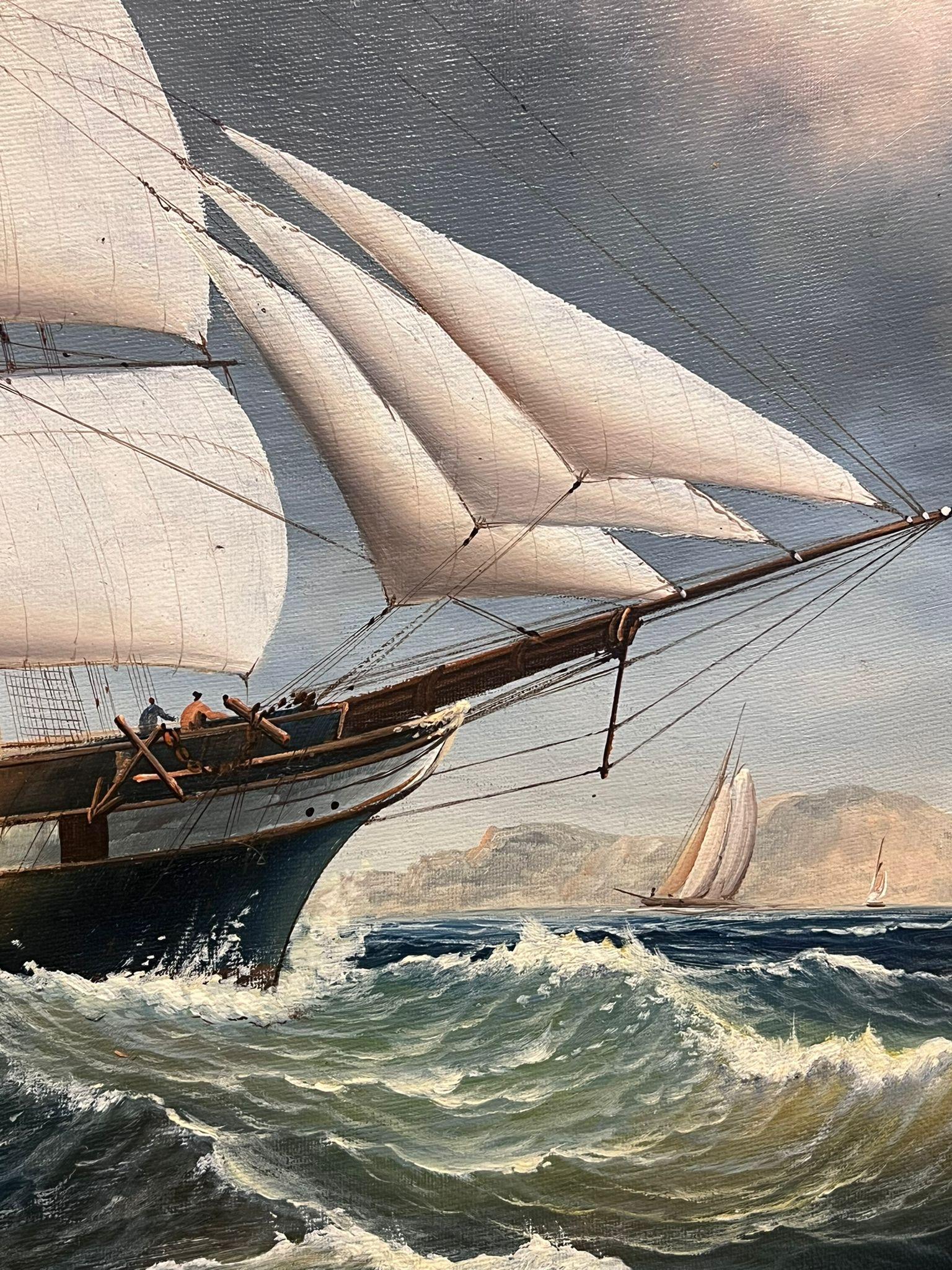 Grande dipinto a olio di Marin, grande nave a vela classica, con cornice dorata 3