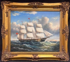 Tall Classic Sailing Ship at Sea Large English Marine Oil Painting Gilt Frame