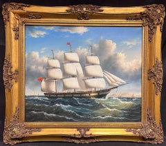 Grand voilier Classic en mer Grande peinture à l'huile marine anglaise Cadre doré