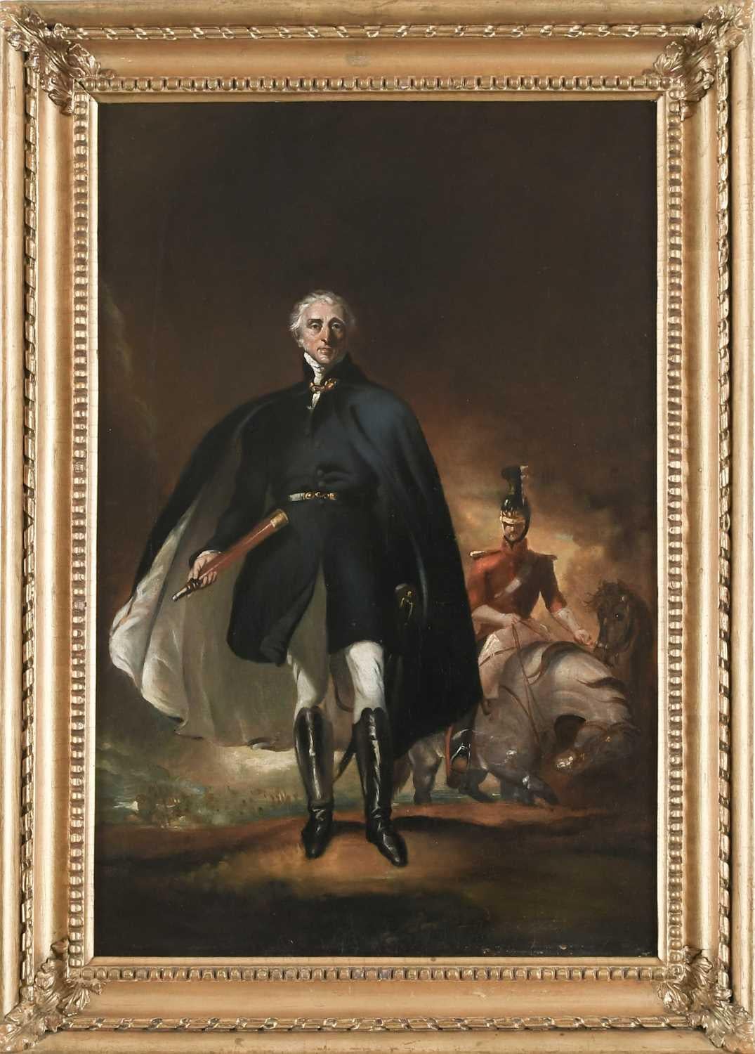 19th Century Portrait of the Duke of Wellington , Arthur Wellesley
A fine 19th century English school painting , oil on canvas of the Duke of Wellington Arthur Wellesley
full-length, standing on the battlefield. Housed in a gilt frame. This is a