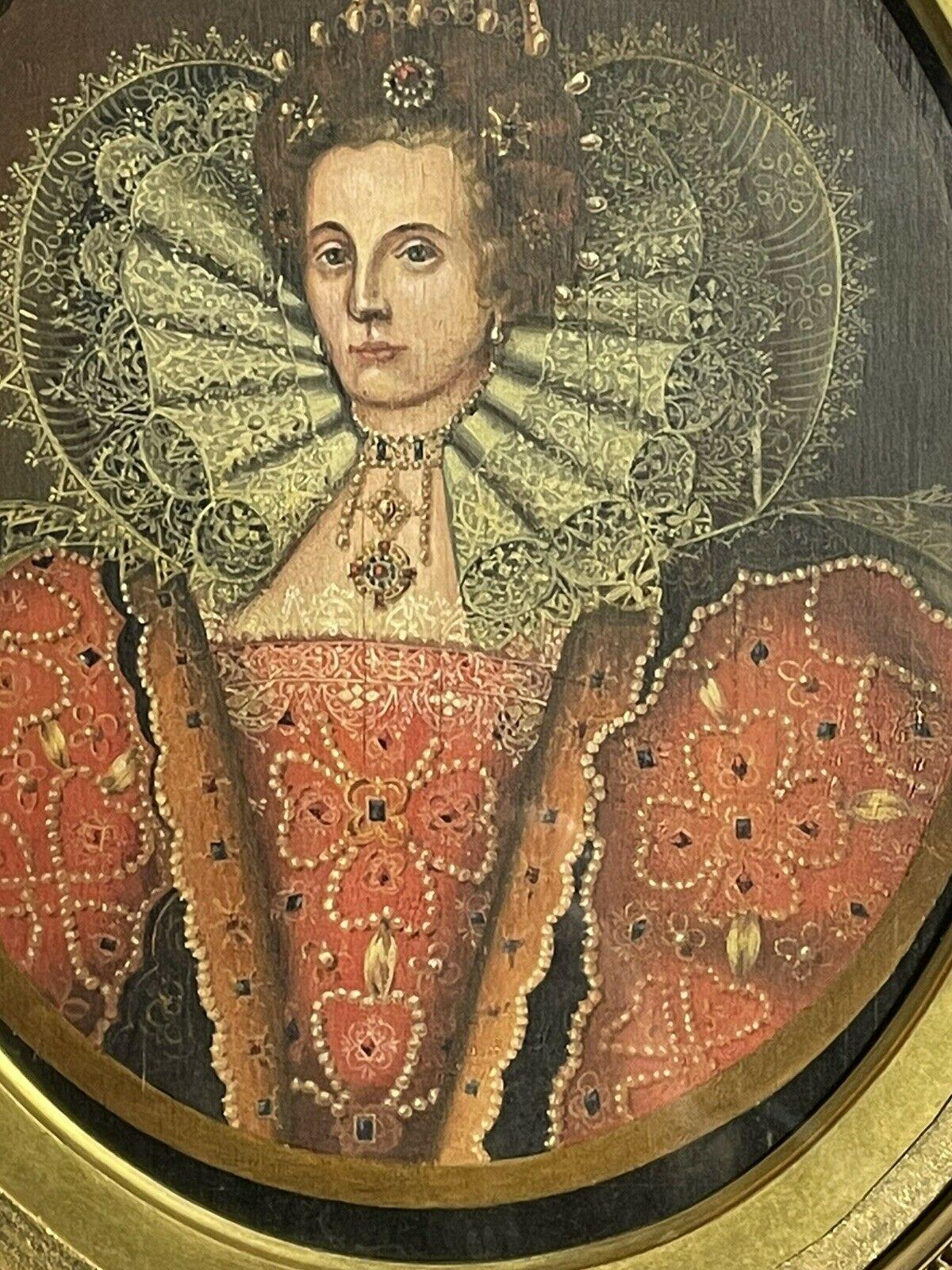ANTIQUE ENGLISH OIL ON OVAL PANEL - PORTRAIT OF QUEEN ELIZABETH 1 - Painting by Unknown
