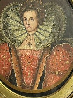 ANTIQUE ENGLISH OIL ON OVAL PANEL - PORTRAIT OF QUEEN ELIZABETH 1
