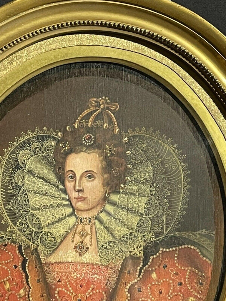 ANTIQUE ENGLISH OIL ON OVAL PANEL - PORTRAIT OF QUEEN ELIZABETH 1 - Brown Portrait Painting by English School