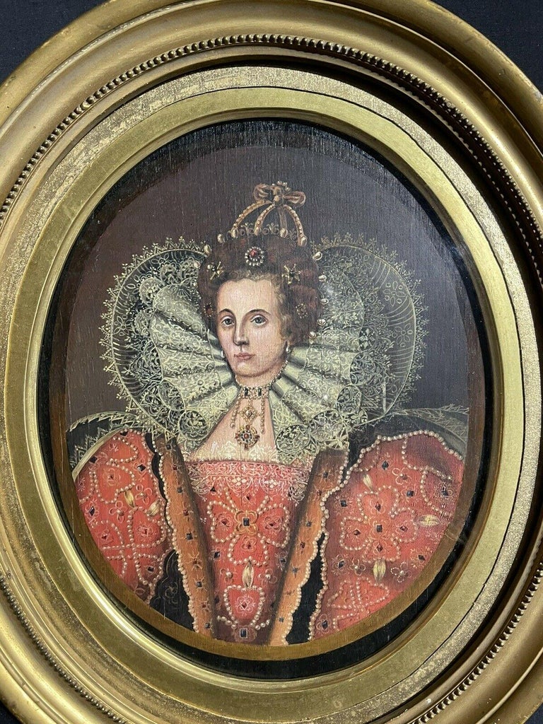 Artist/ School/ Date:
English School, 19th century

Title:
Portrait of Queen Elizabeth I.

Medium & Size:
oil painting on board, 11 x 9 inches, oval frame: 13.75 x 12 inches

Condition:
the painting is in very good condition.

Provenance:
private
