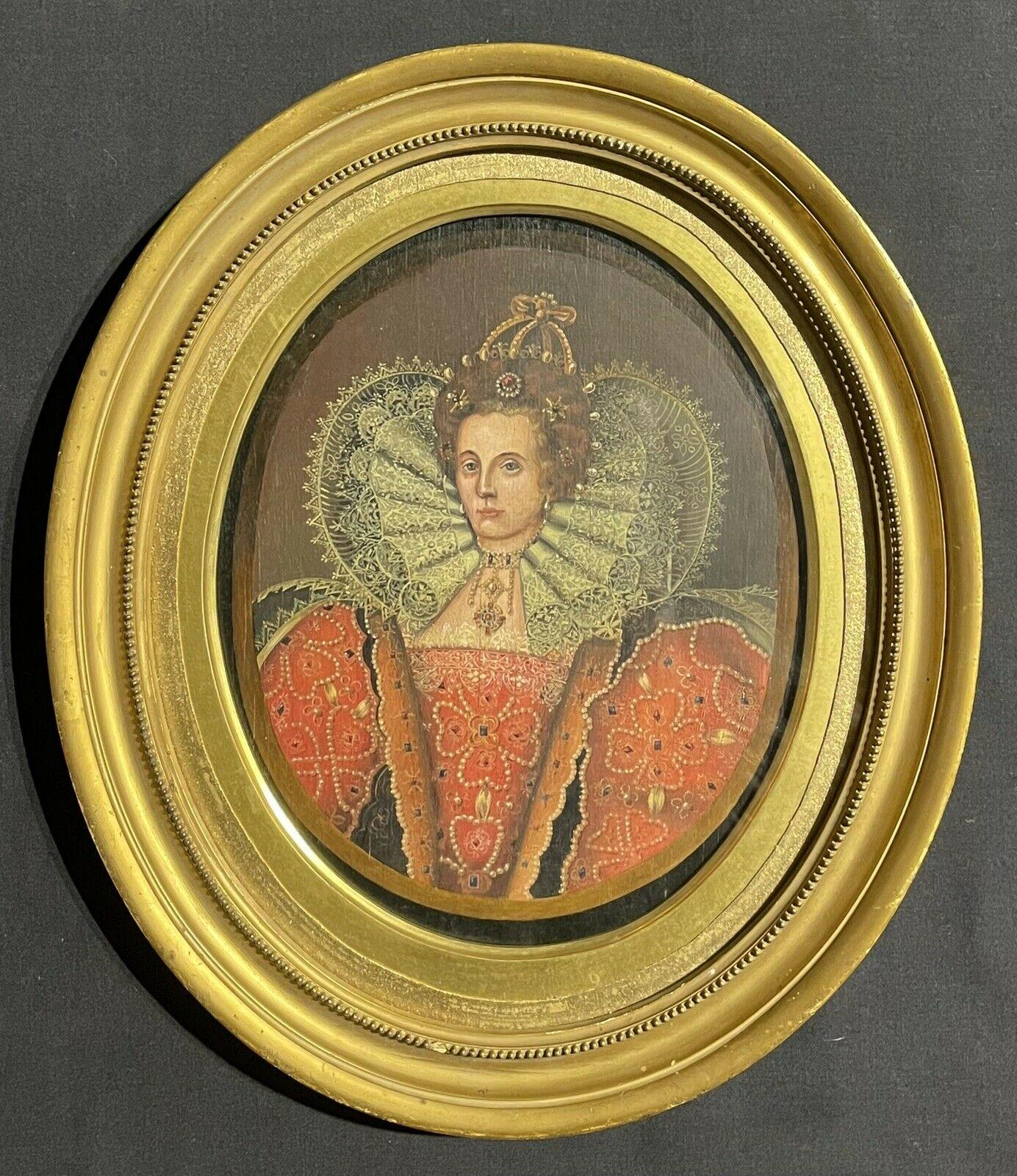 Unknown Portrait Painting - ANTIQUE ENGLISH OIL ON OVAL PANEL - PORTRAIT OF QUEEN ELIZABETH 1