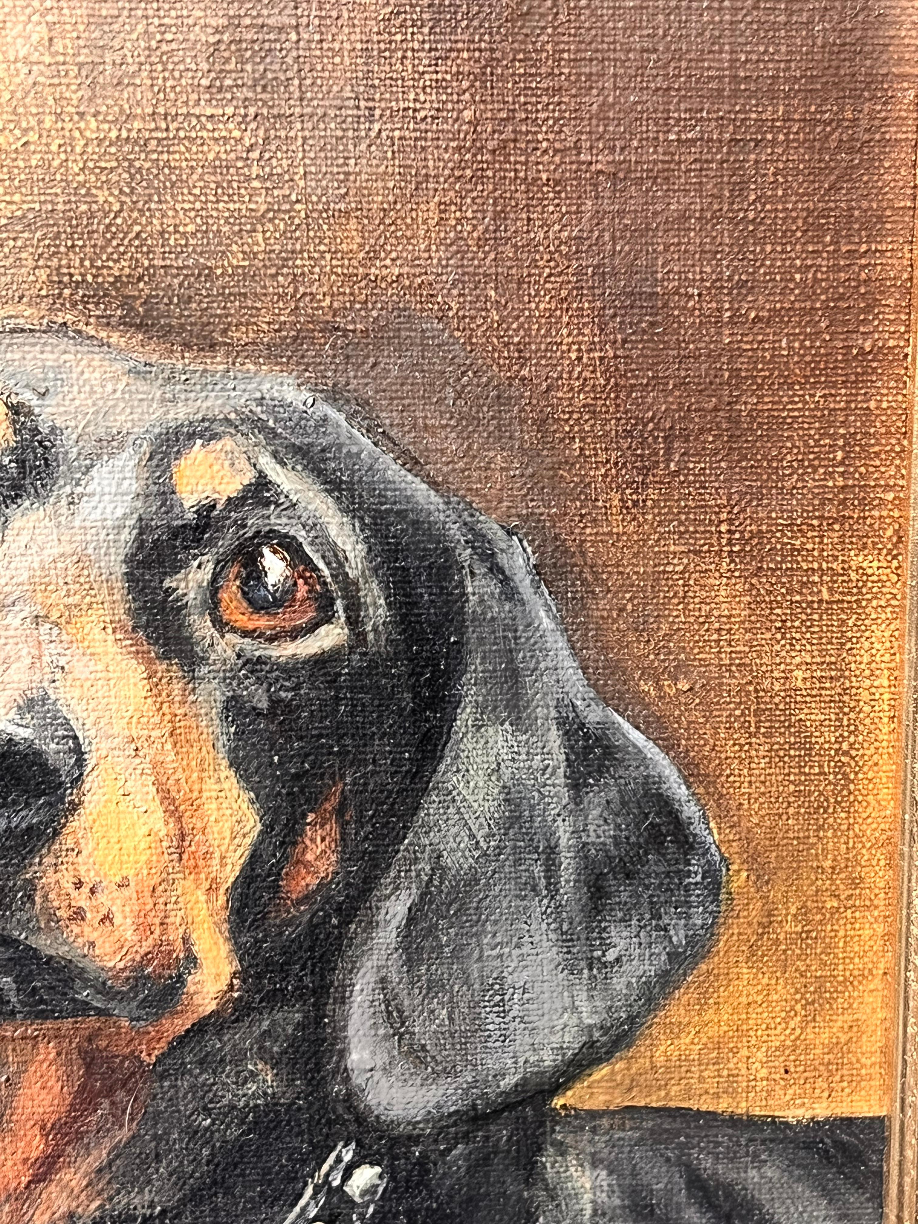 English Dog Painting Black Dachshund Portrait Oil Painting framed, signed 3