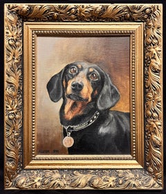 English Dog Painting Black Dachshund Portrait Oil Painting framed, signed