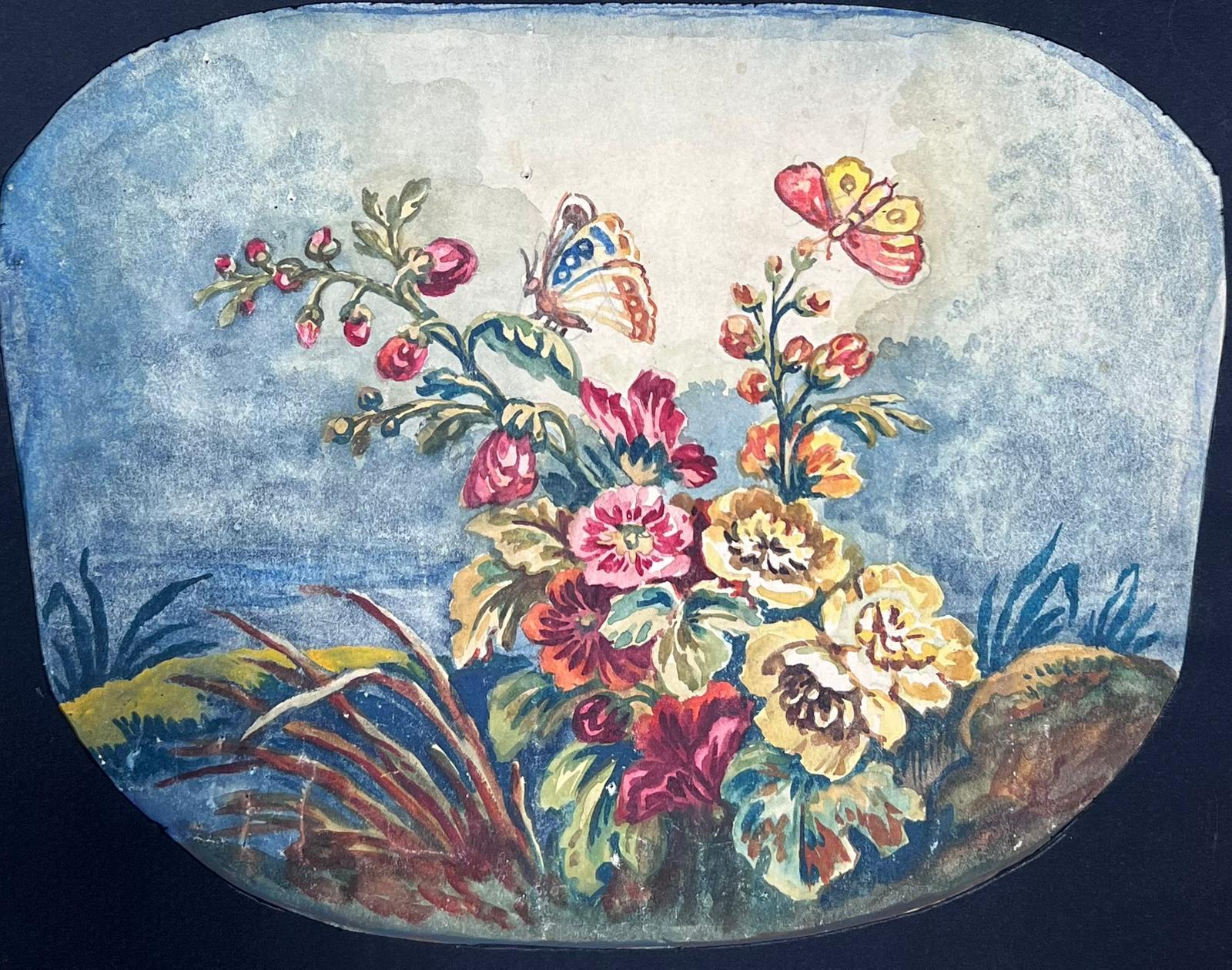 Aquarelle florale d'inspiration rococo avec papillons et bouquet vibrant - Rococo Painting par English school