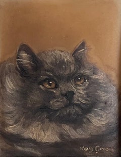 Vintage English Oil Painting Head Portrait of a Fluffy Grey Cat