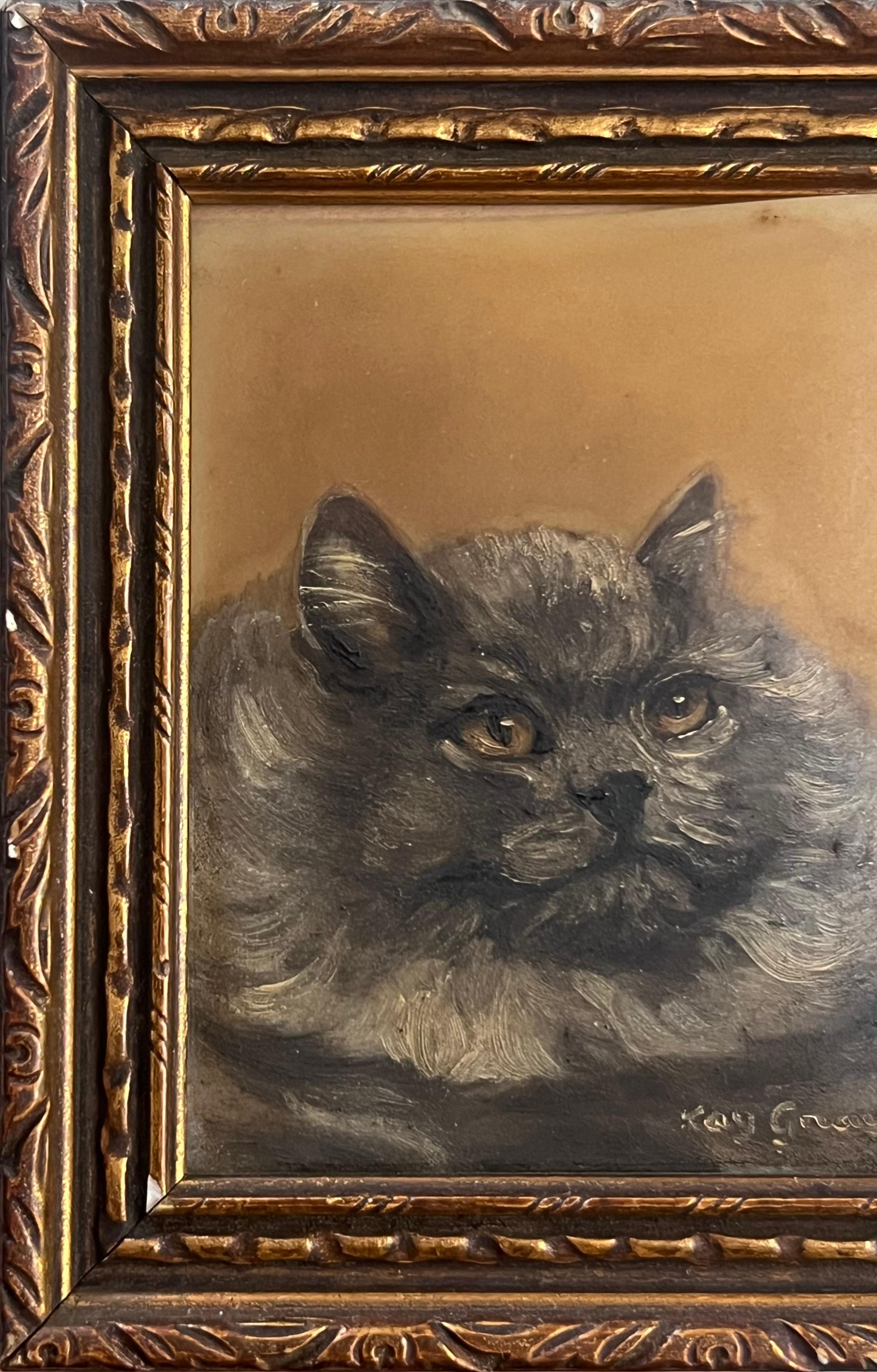 Vintage Englisch Ölgemälde Kopf Porträt einer flauschigen grauen Katze (Englische Schule), Painting, von English school
