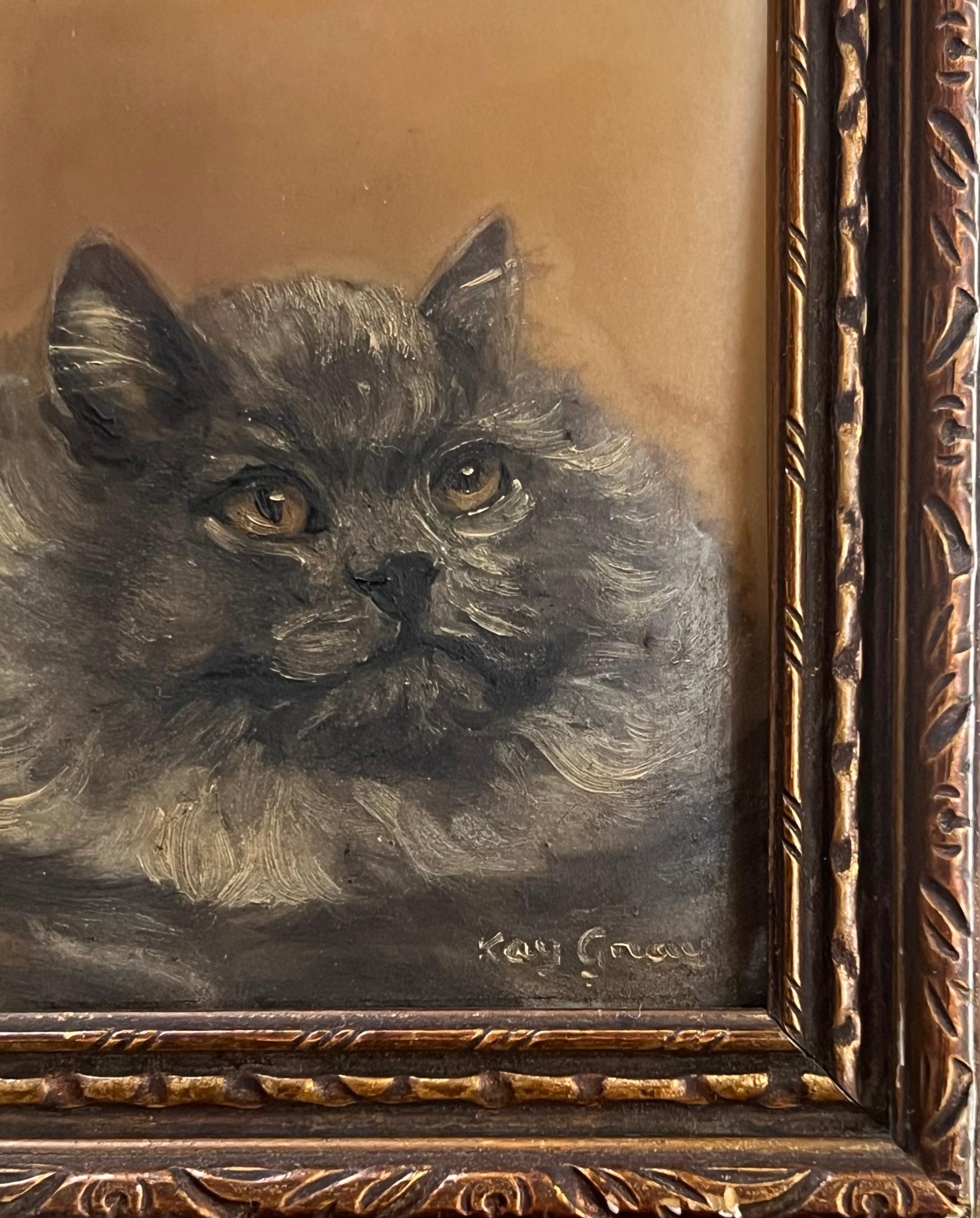 Vintage Englisch Ölgemälde Kopf Porträt einer flauschigen grauen Katze (Schwarz), Portrait Painting, von English school