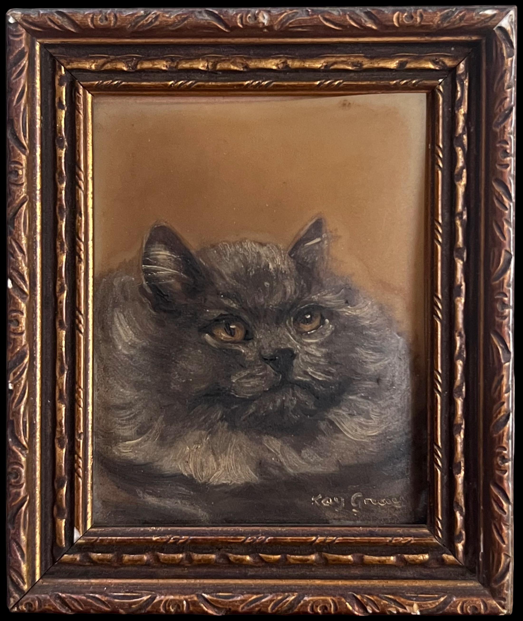 English school Portrait Painting – Vintage Englisch Ölgemälde Kopf Porträt einer flauschigen grauen Katze