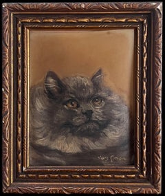 Vintage Englisch Ölgemälde Kopf Porträt einer flauschigen grauen Katze