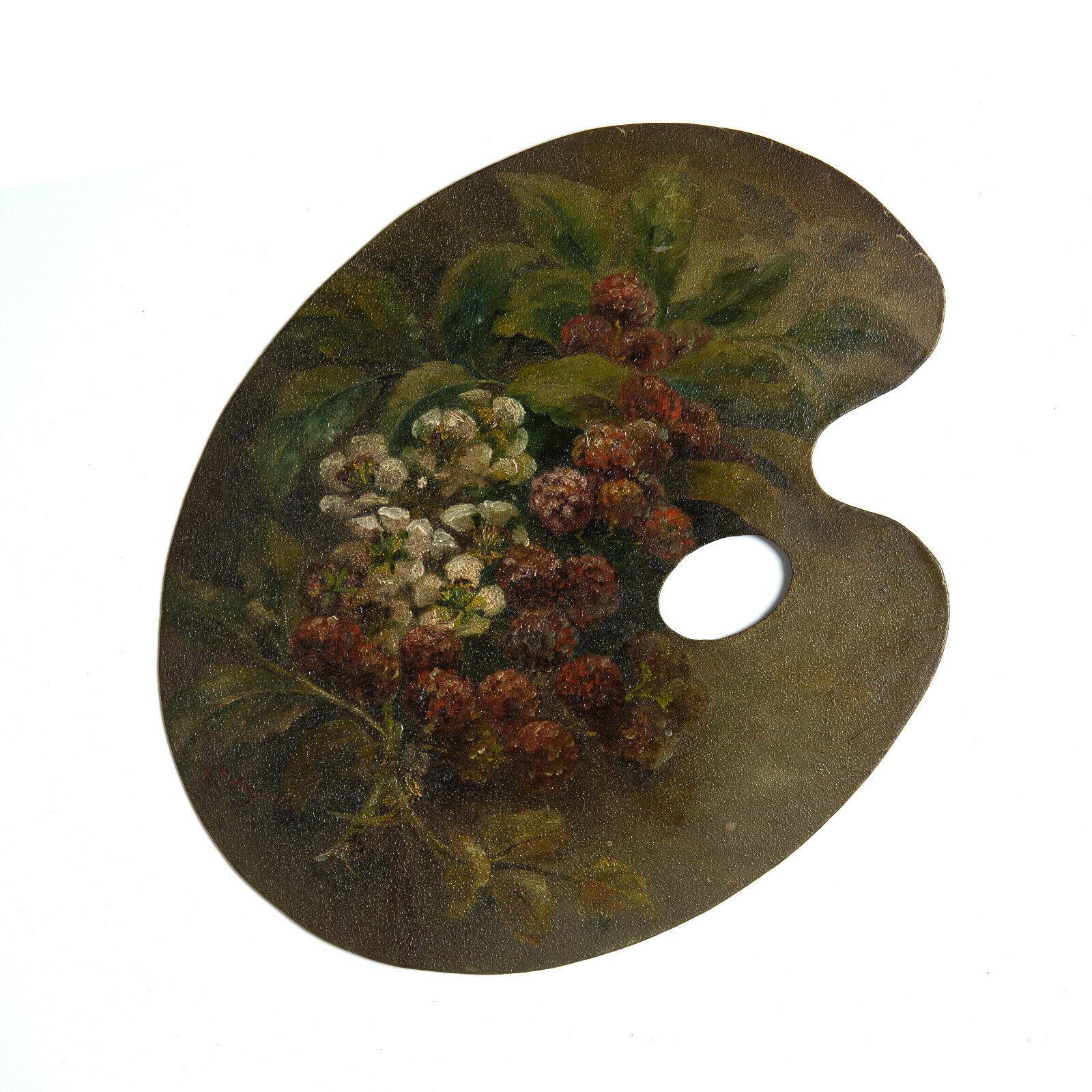 Unknown Still-Life Painting - 19th Cent English School Oil Painting on Artists Wooden Palette Nature Berries