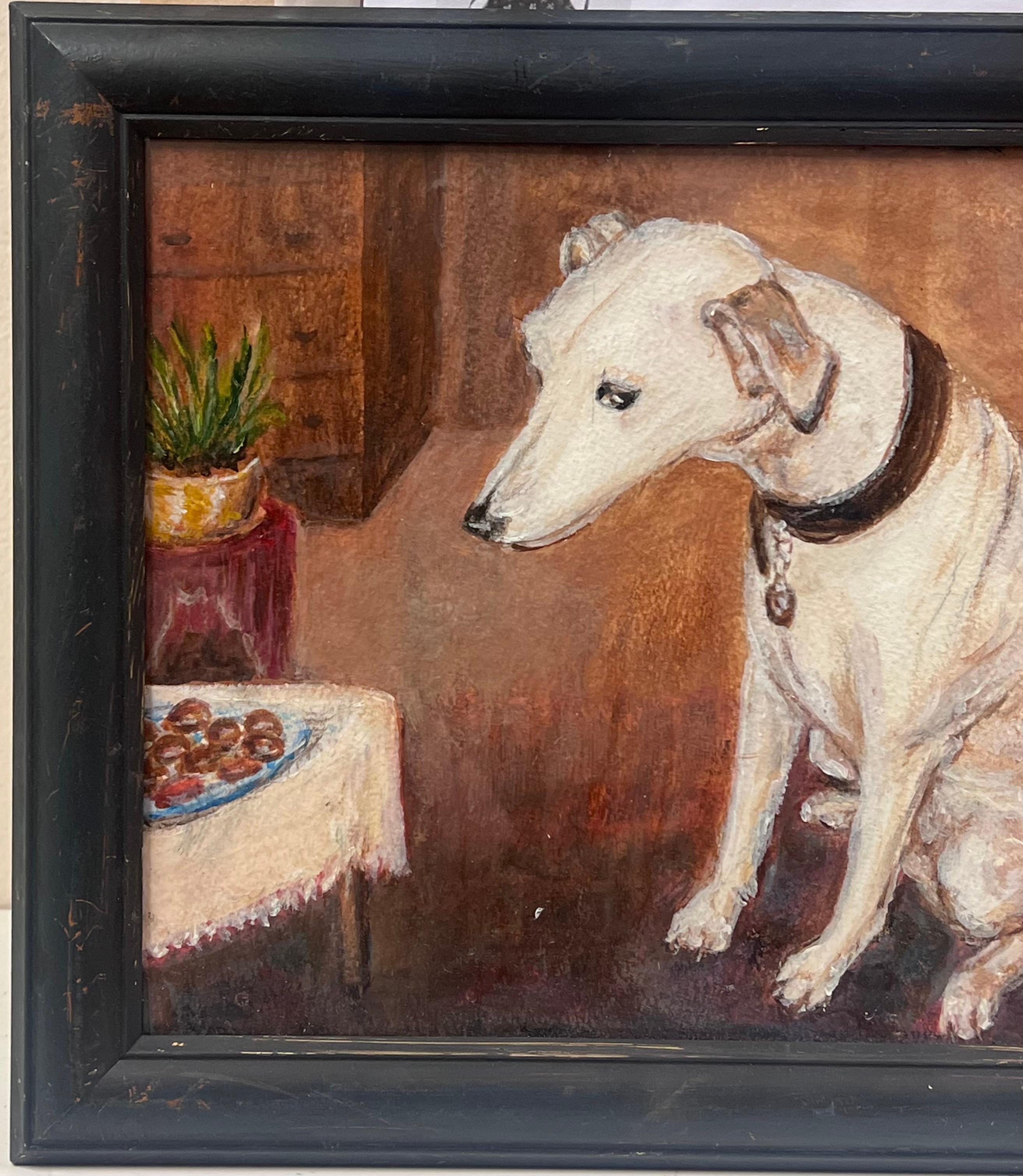 Antique English Dog Painting Jack Russell Terrier interior room setting - Art by English School