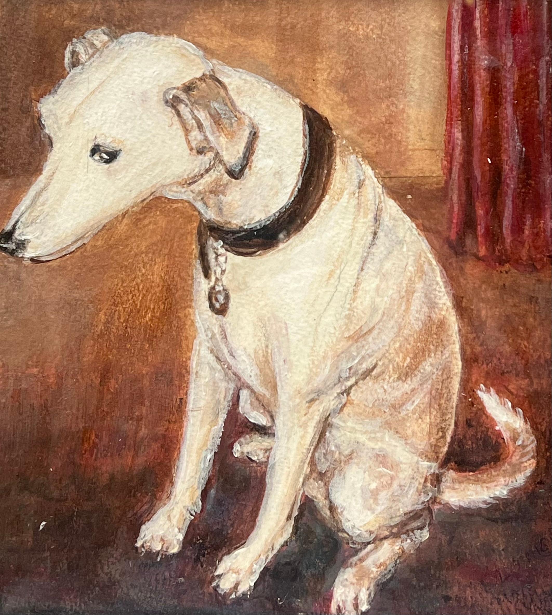 Antique English Dog Painting Jack Russell Terrier interior room setting - English School Art by English School