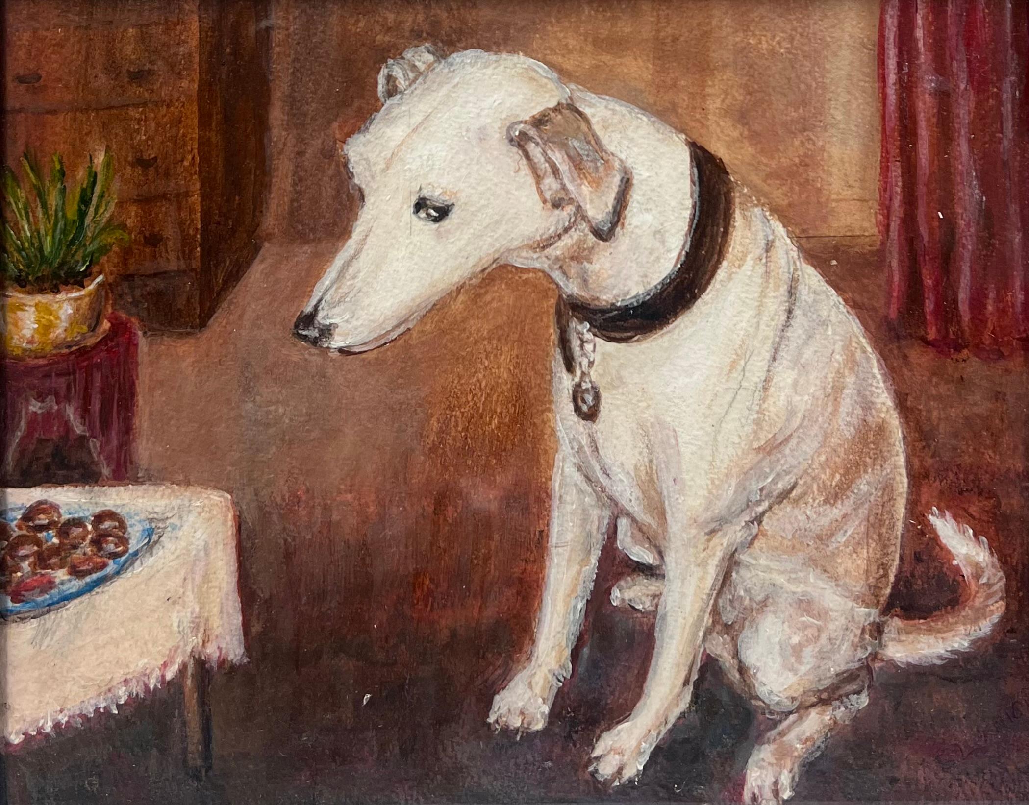 Antique English Dog Painting Jack Russell Terrier interior room setting - Black Animal Art by English School