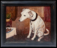 Antique English Dog Painting Jack Russell Terrier interior room setting