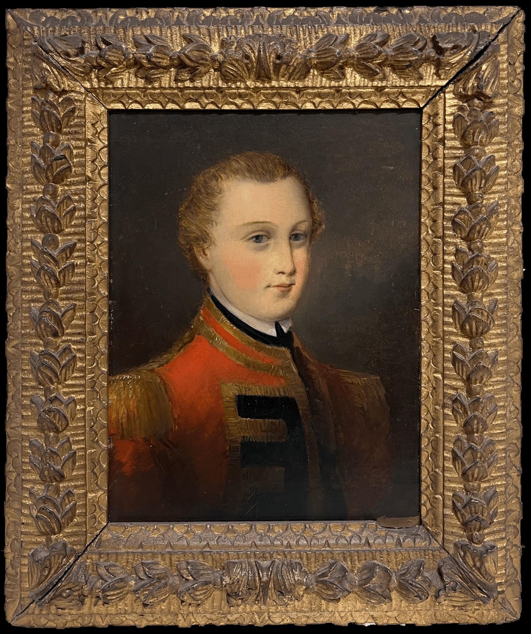 English School Portrait Painting – Antikes englisches Ölgemälde, Porträt eines jungen britischen Armeeoffiziers, feiner Rahmen