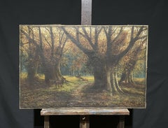 Antique English Oil Painting Stag & Deer in Beech Woods at Dusk, Signed Large