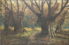 Antique English Oil Painting Stag & Deer in Beech Woods at Dusk, Signed Large