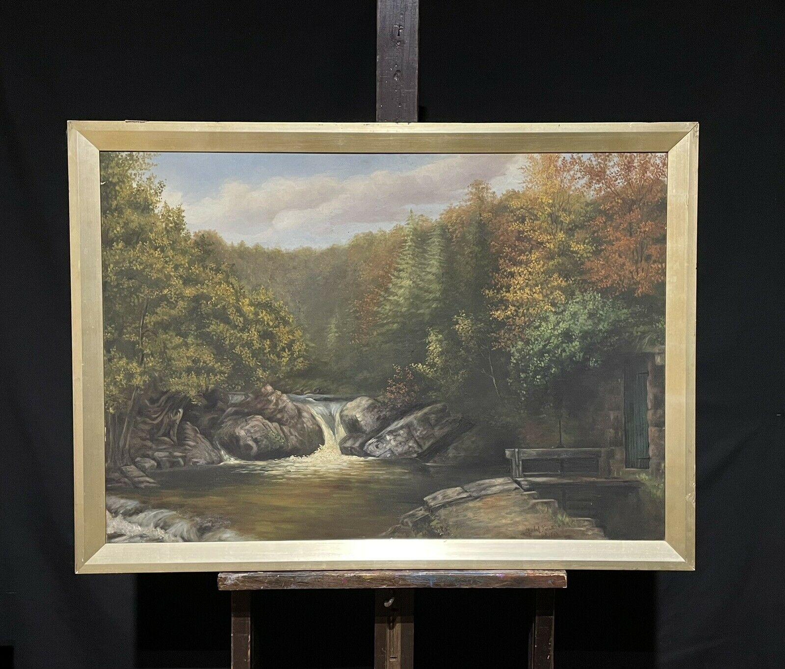 Antique Large English Signed Oil Painting Autumn Woodland River Waterfall - Gray Landscape Painting by Unknown
