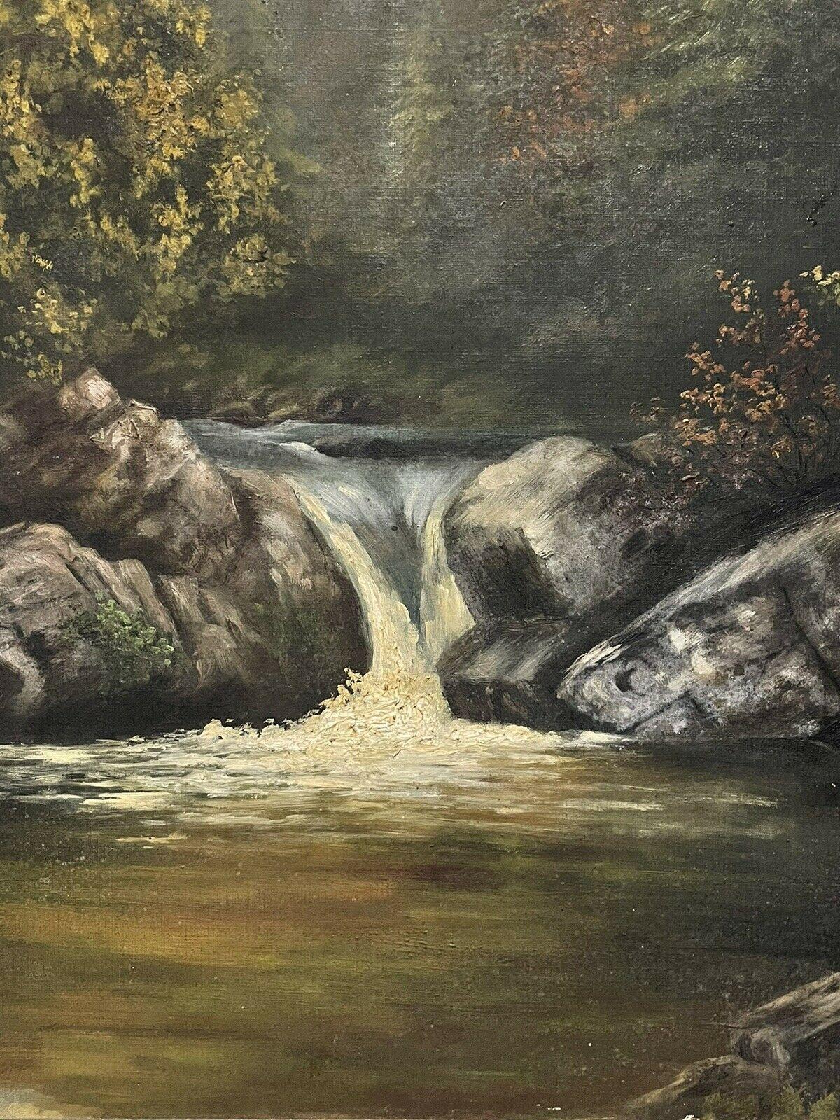 Antique Large English Signed Oil Painting Autumn Woodland River Waterfall 1