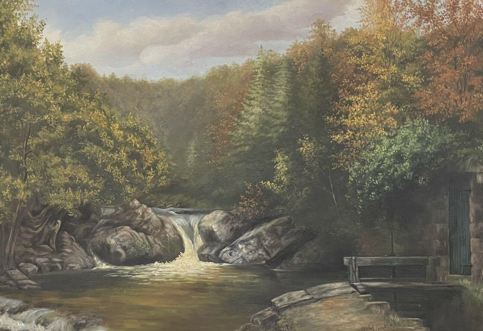 Unknown Landscape Painting - Antique Large English Signed Oil Painting Autumn Woodland River Waterfall